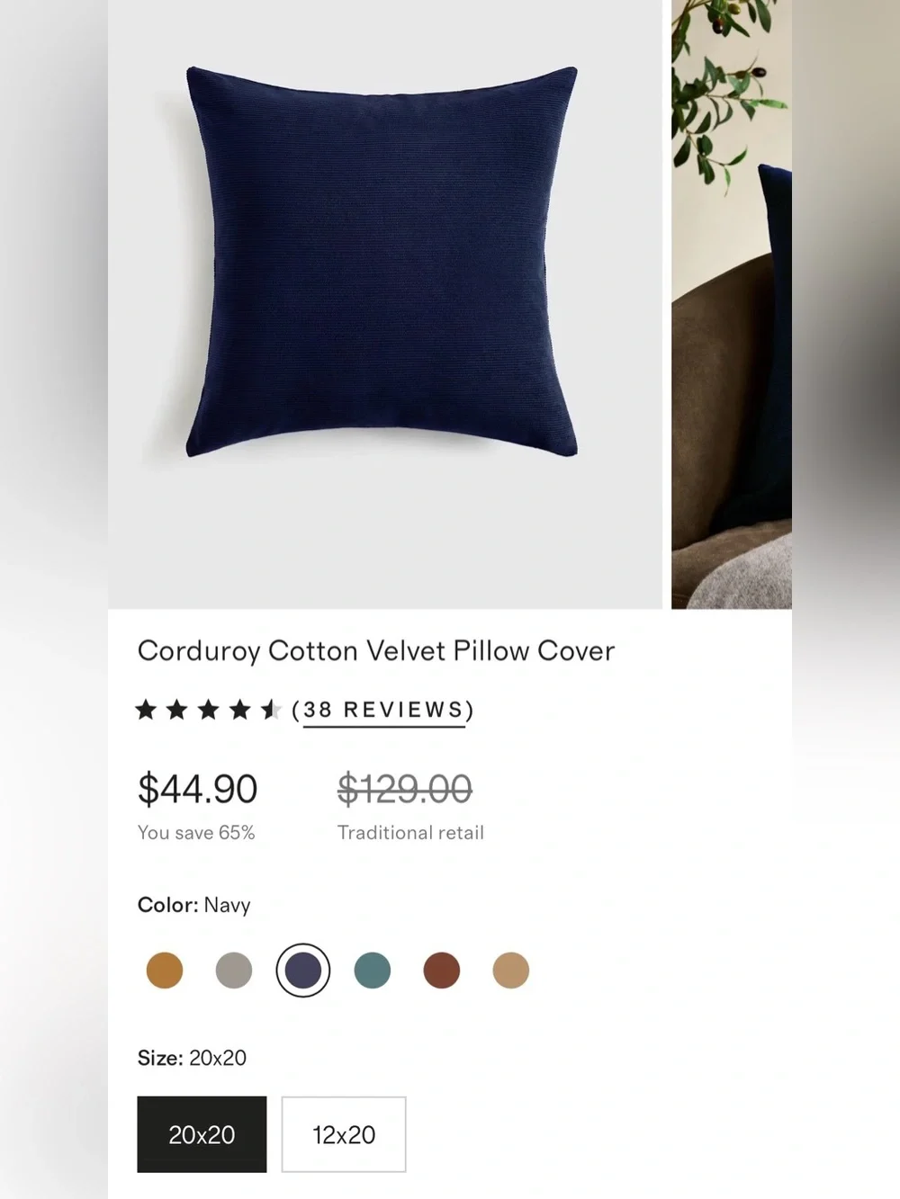 NWOT Quince Corduroy Cotton Velvet Pillow Cover, 20 X 20 (Navy)